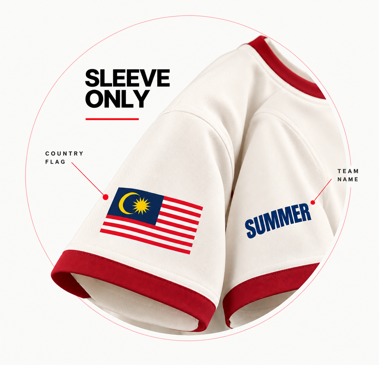 Sleeve personalisation detail — country flag and team name hot stamping